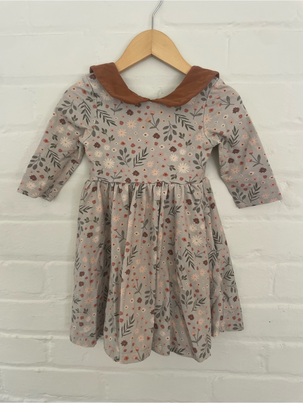 Girls Floral Long-Sleeve Dress with Rust Collar